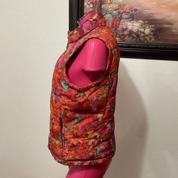 Eddie Bauer Quilted Goose Down Puffer Floral Vest Jacket Size M Orange Red Pink - Picture 2 of 9